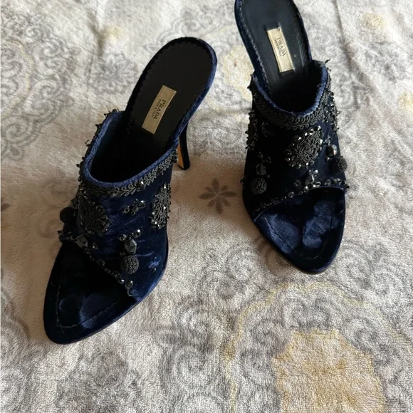 Prada Navy Beaded Velvet Heels - Picture 2 of 6